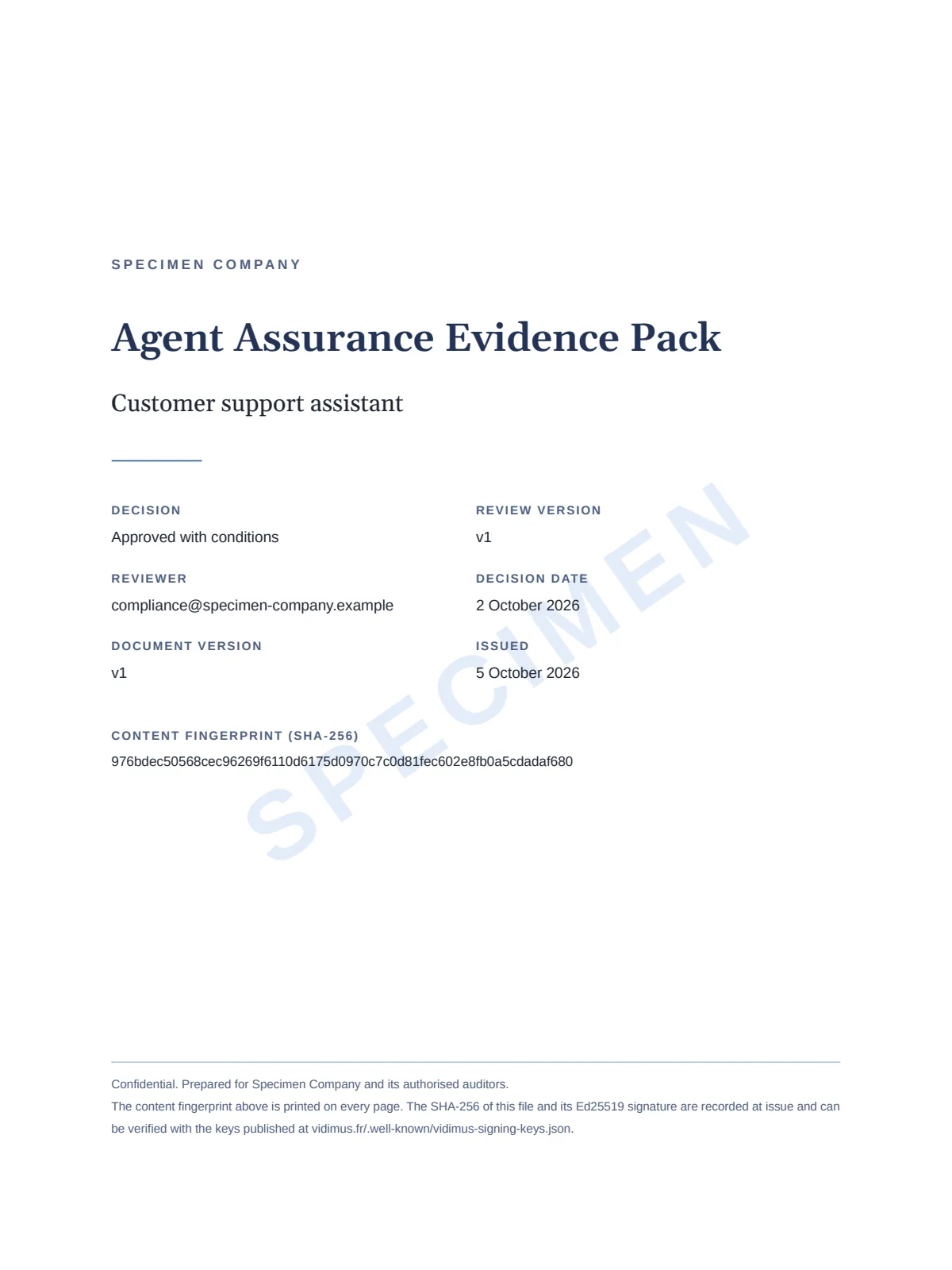Cover page of the specimen evidence pack, with the SPECIMEN mark, the content fingerprint and the signature line.